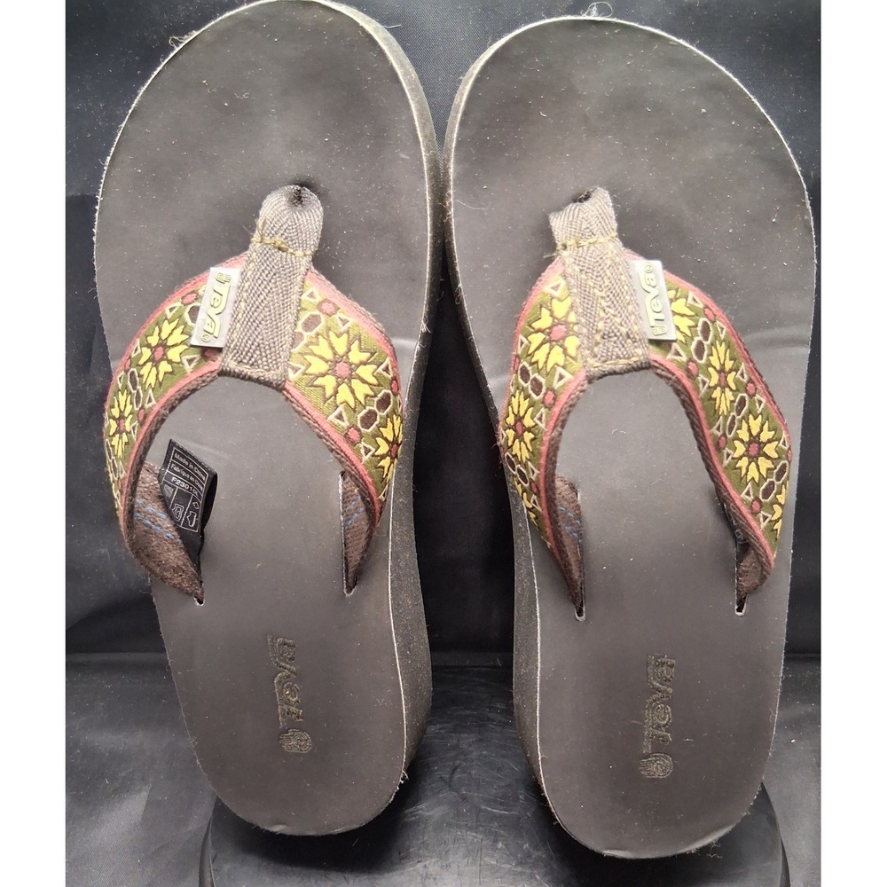 Teva Mush Mandalyn Wedge Sandals Brown Floral Straps Flip Flops 6139B Womens 5